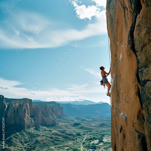a rock climber conquering a challenging route with expansive landscapes visible below. 