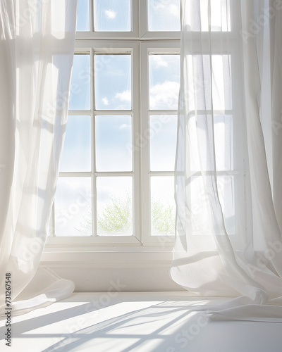 Serene Window with Sunlight, Curtains, and Clear Blue Sky
