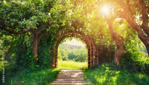 fantasy apple trees garden with natural arch entrance and sun rays magical door gates in fabulous green forest environmental background with empty copy space way to eco life summer nature backdrop