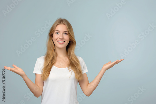 Presentation Gesture by Blond Woman in White T-Shirt