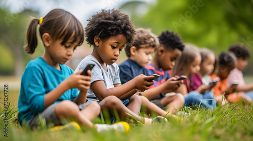 Multiracial children having playful time with online games using mobile phones - Group of kids with smartphones sitting on grass outdoor - Youth culture and technology concept