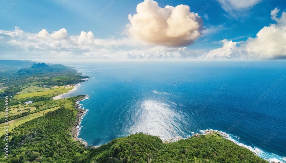 an aerial view of eternal blue sea or ocean with sunny and cloudy sky