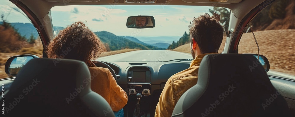 Happy couple traveling in a car for holiday. Active lifestyle concept. Shot from a backseat.