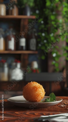 Arancini ball on the plate in restaurant. Snack, Sicilian street food menu starter main course