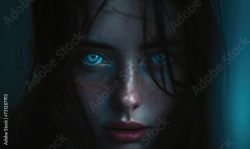 Close-up shot of beautiful wild young woman with blue eyes in dark blue background.