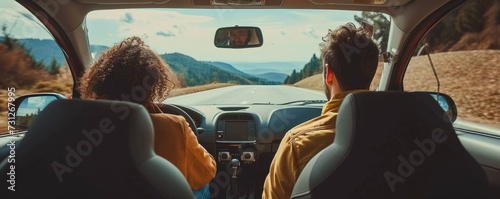 Obraz na płótnie Happy couple traveling in a car for holiday. Active lifestyle concept. Shot from a backseat. w salonie