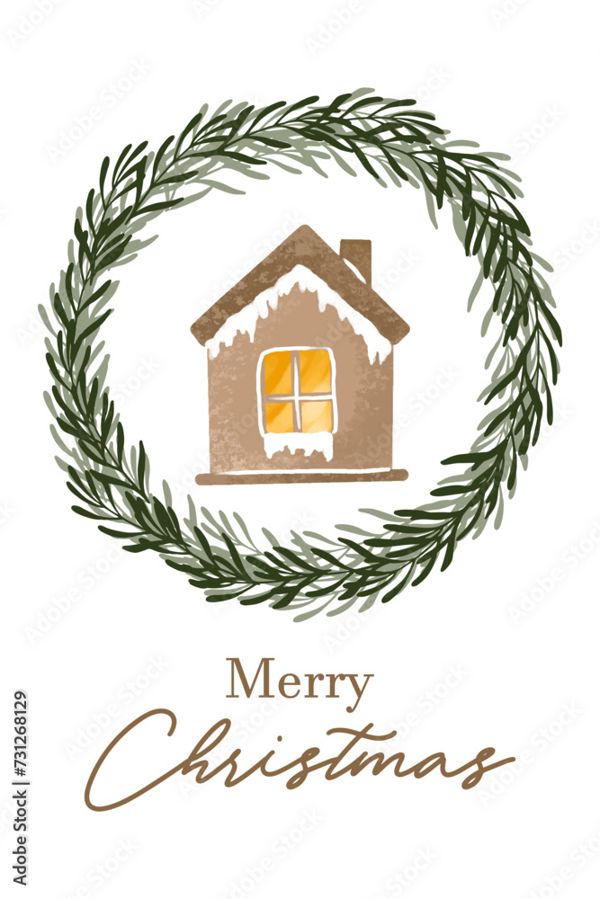 Greeting card Merry Christmas with cozy wood house and wreath