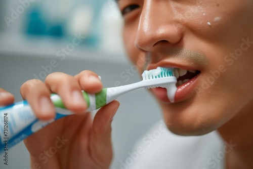 Amidst the stillness of an indoor morning  a human face intently brushes his teeth with a toothbrush  determined to maintain impeccable oral hygiene for his gleaming set of teeth