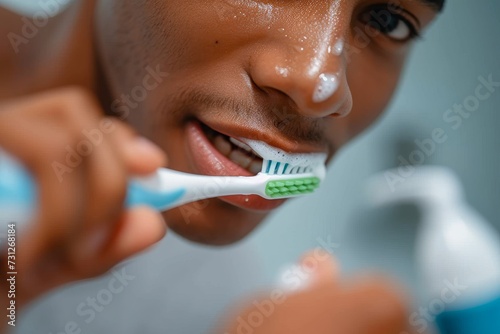 A person carefully tends to their oral hygiene, brushing their teeth with a toothbrush as they gaze at their reflection in the mirror