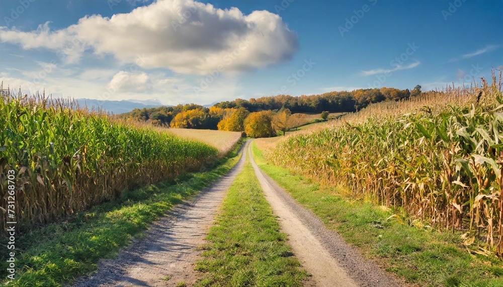 rural road inside field of corn autumn landscape