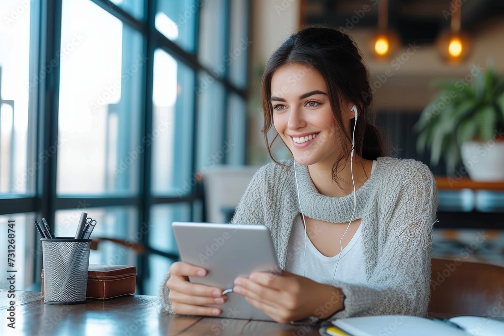 A contented woman sits at a table by the window, sipping coffee and smiling as she balances her laptop and tablet amidst a stylish indoor setting A contented woman sits at a table by the window, sipping coffee and smiling as she balances her laptop and tablet amidst a stylish indoor setting