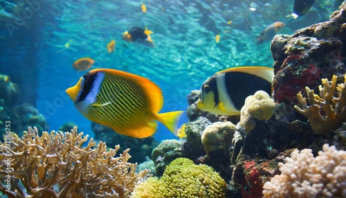 tropical sea underwater fishes on coral reef aquarium oceanarium wildlife colorful marine panorama landscape nature snorkeling diving
