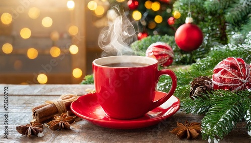 hot drink in red cup with christmas decorations at home