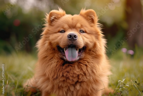 A playful brown dog basks in the sun, its tongue happily lolling out as it frolics in a grassy field, embodying the pure joy and freedom of being a beloved outdoor pet