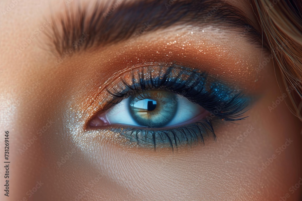 A stunning closeup of an eye, with fluttering eyelashes coated in mascara and adorned with intricate eyelash extensions, framed by a bold eye shadow and precise eye liner, revealing the delicate yet A stunning closeup of an eye, with fluttering eyelashes coated in mascara and adorned with intricate eyelash extensions, framed by a bold eye shadow and precise eye liner, revealing the delicate yet