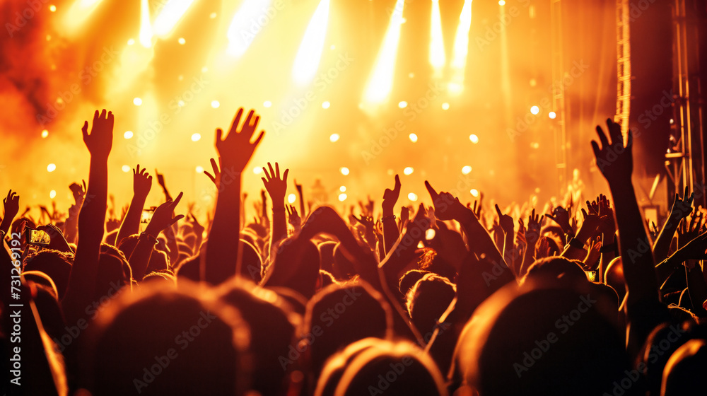 Silhouette of an electrifying crowd raising their arms and cheering with exhilaration at a massive concert. An incredible display of joy, unity, and pure excitement.