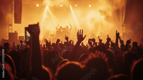 Silhouette of an enthusiastic crowd, arms raised, cheering in unison at a vibrant, electrifying concert. The energy is palpable as the crowd revels in the music.