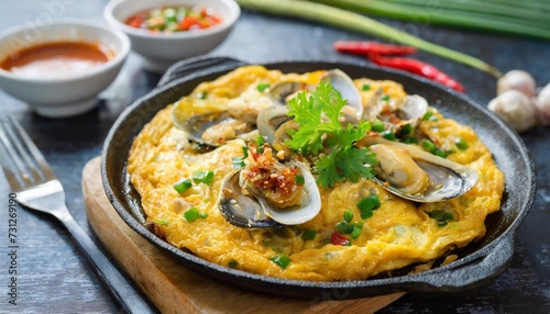 popular thai street food fried oyster omelette served on iron pan with spicy sauce chinese food in thailand
