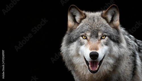 angry grey wolf portrait on black with copy space