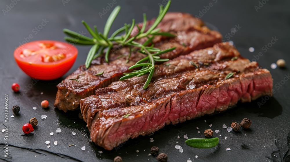 Grilled Beef Steak with Rosemary and Spices on Dark Background.