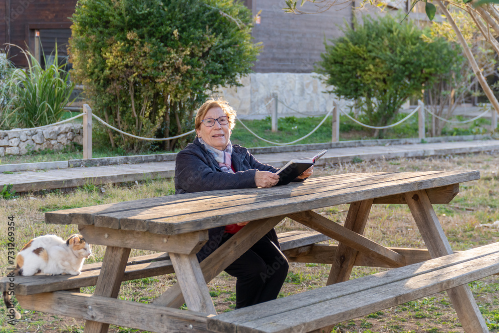 Fototapeta premium Older woman enjoying reading a book sitting on a bench in the park at sunset