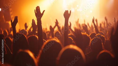Silhouette of an electrified crowd, arms raised high, cheering in unison at a massive concert. The vibrant energy is palpable.