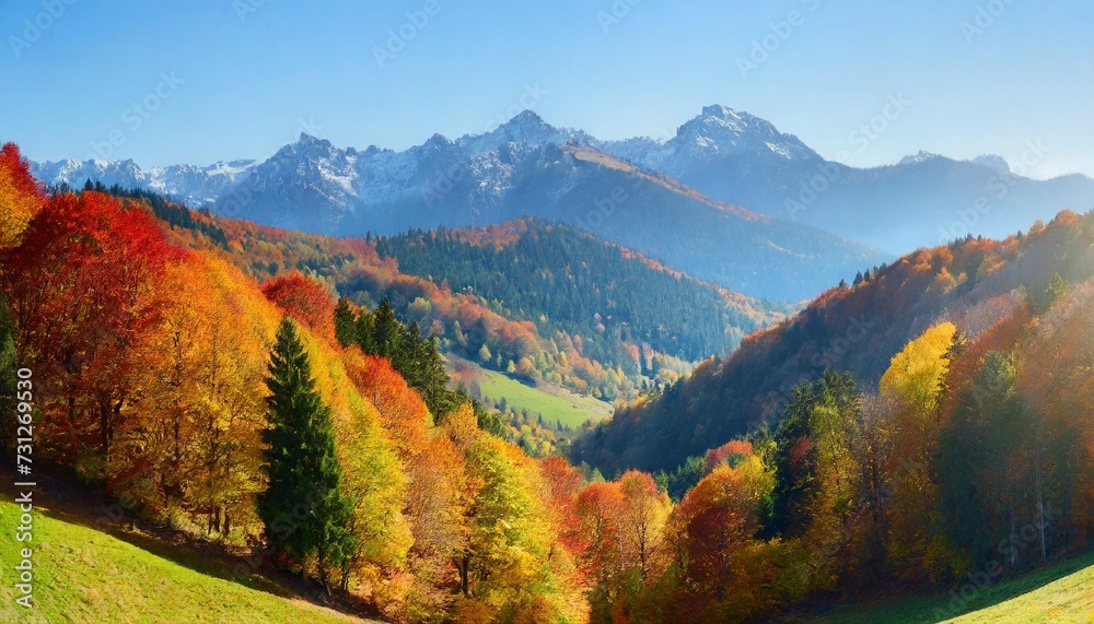 colorful and bright autumn forest mountains panorama