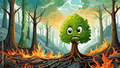 Ilustração de uma árvore assustada em meio a uma floresta que está pegando fogo photo