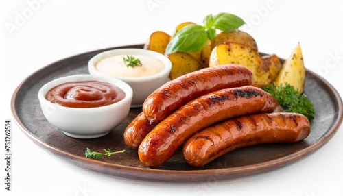 assorted grilled sausages served with baked potatoes and sauce isolated on white background