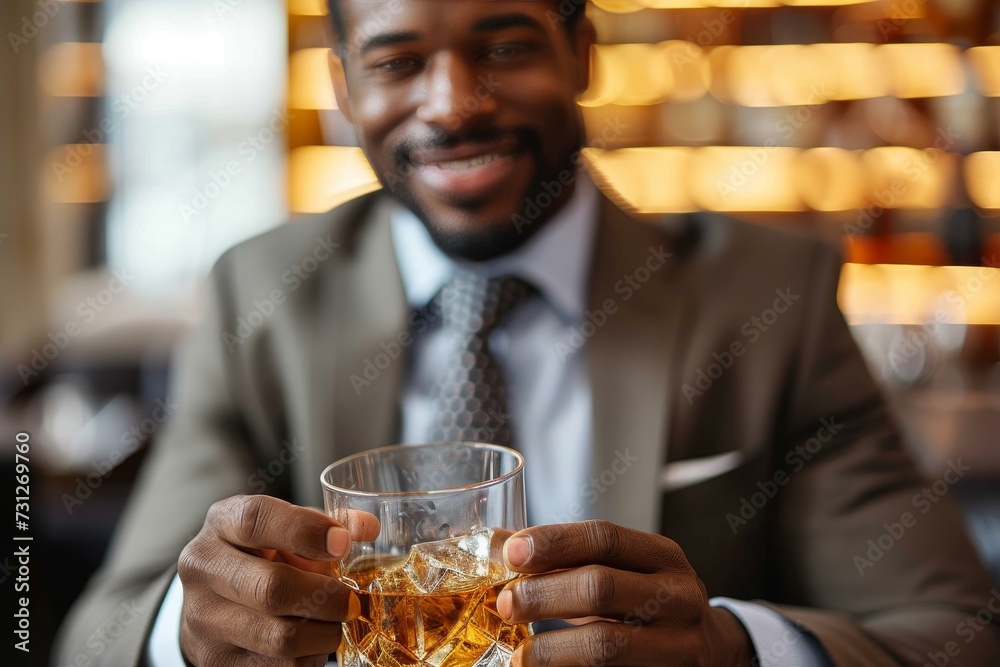 A well-dressed man enjoys a refreshing pint of beer, his smile reflecting the joy of a drink shared among friends in a cozy indoor bar