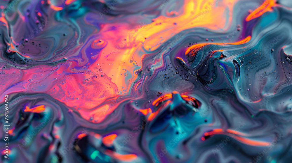 A mesmerizing and captivating stock image that depicts a slick oil spill pattern, showcasing a stunning display of iridescent colors blending flawlessly in a seamless design. Perfect for add