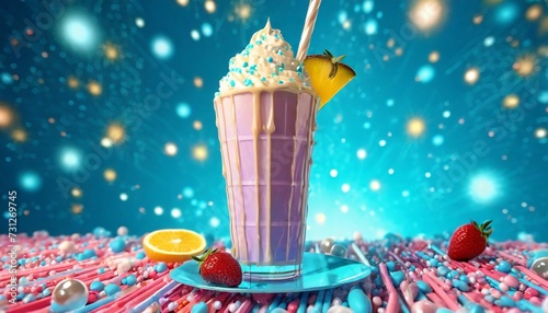 milkshake 3d cartoon style sparkling shapes fun colors blue background with tehnology