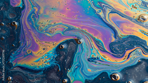 A mesmerizing and captivating stock image that depicts a slick oil spill pattern, showcasing a stunning display of iridescent colors blending flawlessly in a seamless design. Perfect for add photo