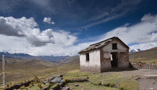 an abandoned and semi destroyed house in the middle of nowhere in a vast andean landscape above 3000 m above sea level horizontal photo