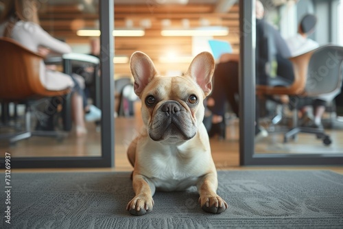 A contented french bulldog lounges on the indoor floor, showcasing its adorable snout and calm demeanor as a beloved pet in the nonsporting group photo