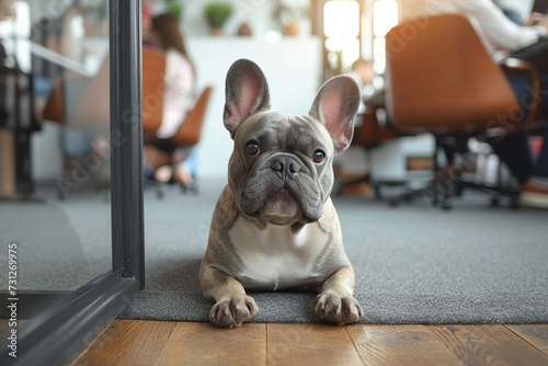 A contented french bulldog rests on the indoor floor, its snout pointed towards the ground as it basks in the warmth of its owner's love