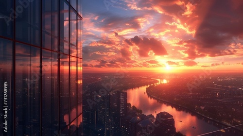 Sunset Reflection on Skyscraper Windows. Urban skyline and river view at dusk. Modern architecture and city life concept 