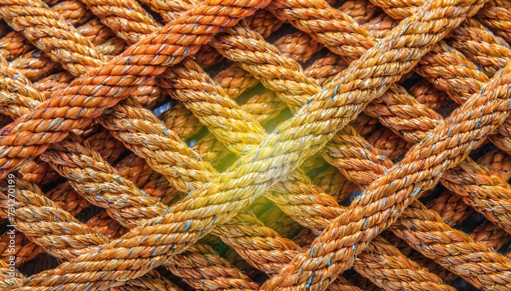 ropes weave texture in orange color with yellow line cut through closeup of rope texture abstract background concept for connection cooperation cohesion teamwork and working well together