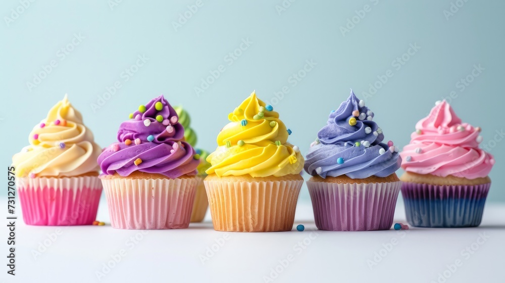Colorful cupcakes displayed against a white background