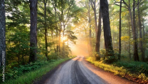 rural road through the forest at sunrise