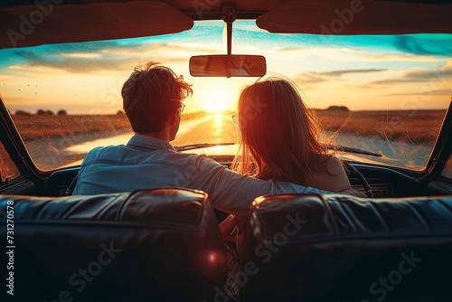 As the sun sets in a blaze of orange and pink, a woman gazes wistfully out the car window, her reflection in the mirror a stark contrast to the vibrant sky, lost in thought while the person beside he