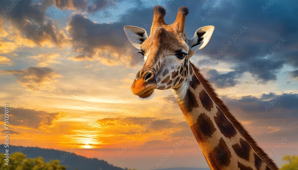 giraffe head and neck close up the giraffe is a large african mammal in the background sunset clouds
