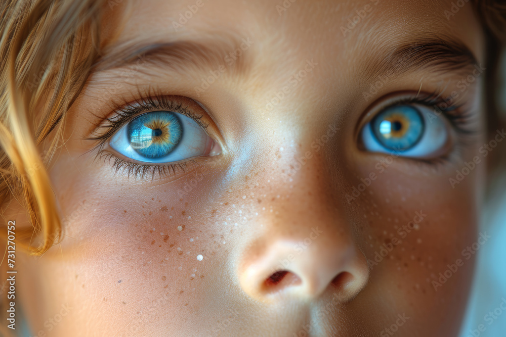 A close-up of a child's face, eyes filled with wonder and innocence, capturing the authenticity of a child's unfiltered emotions. Concept of genuine childhood curiosity. Generative Ai.