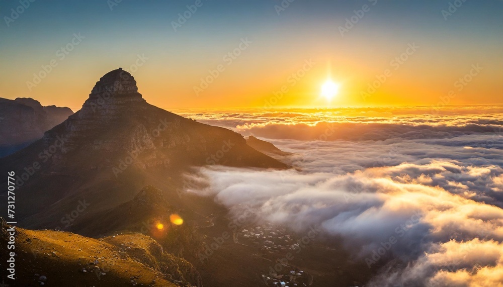 golden sunset above clouds mountain view table mountain south africa - obrazy, fototapety, plakaty 