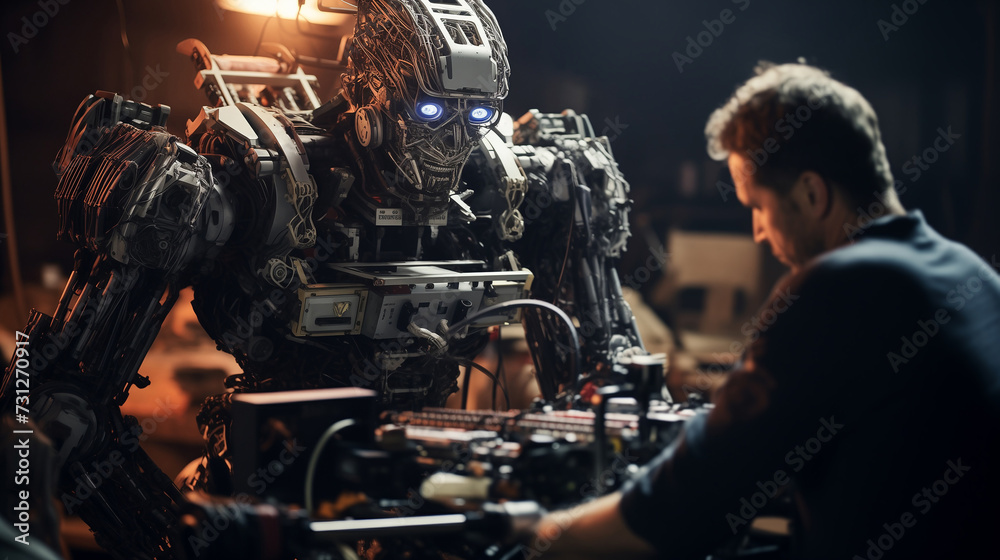 Man Engaged in Building Robots in a Production Workshop Man Engaged in Building Robots in a Production Workshop