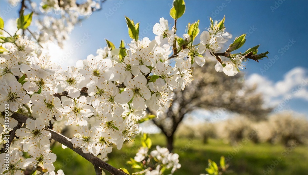 beautiful nature in spring blossoming branches lit by the sun flowering fruit tree blossom in spring