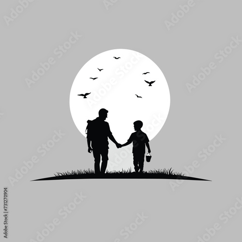 Father and son holding hands and walking, family vector illustration