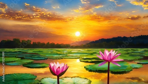 sunset over the lotus pond illustration © Ashley