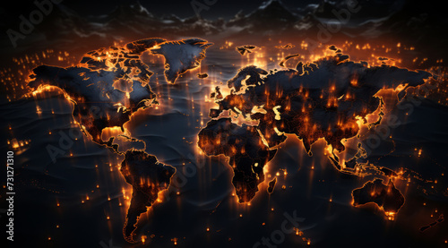 a map of the world with a fire.