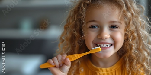 Cute Caucasian child standing happily in the bathroom, holding a toothbrush and promoting oral hygiene. photo